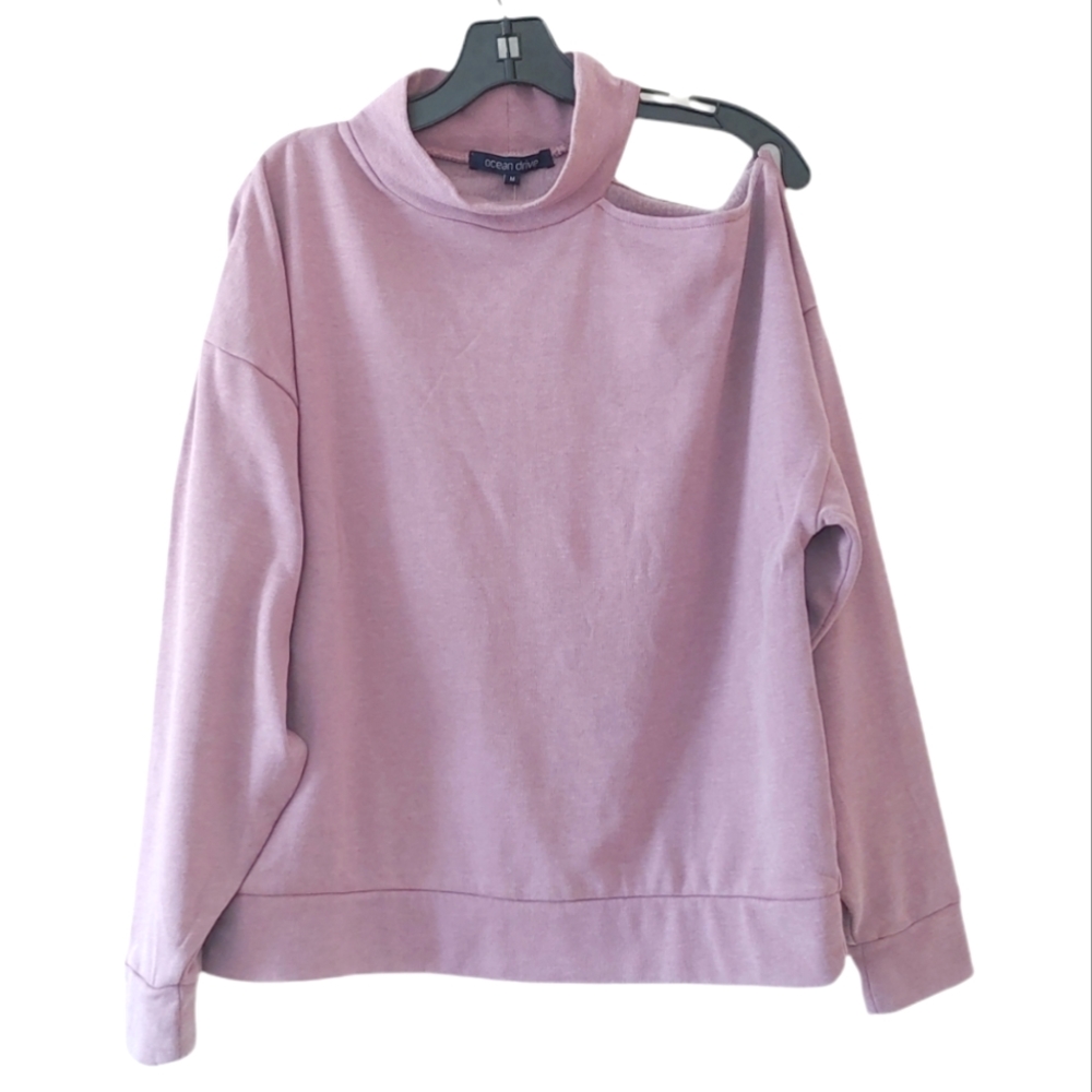Ocean Drive Cold Shoulder Sweatshirt Mock Neck Pink Rose Medium NWT Comfy Cozy